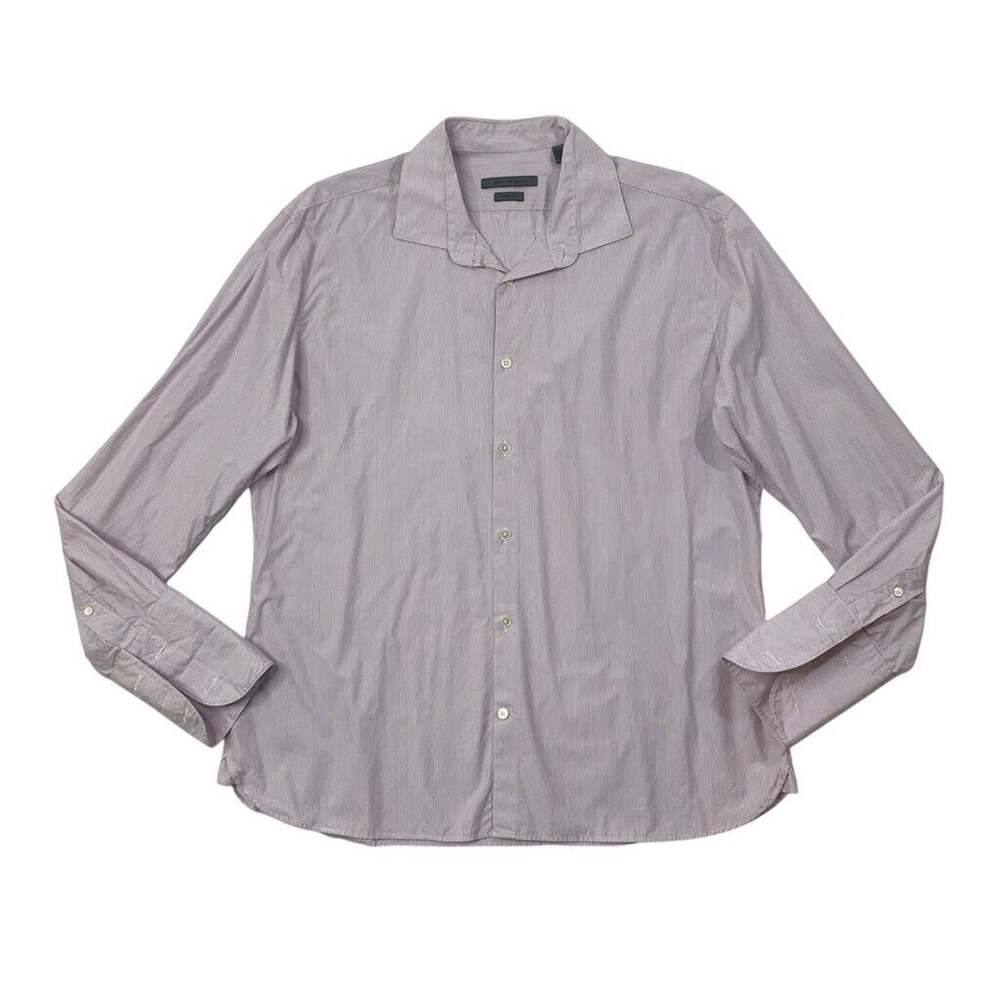 John Varvatos Shirt Mens 16.5 Lavender White Cotton Slim Fit Striped Button Up